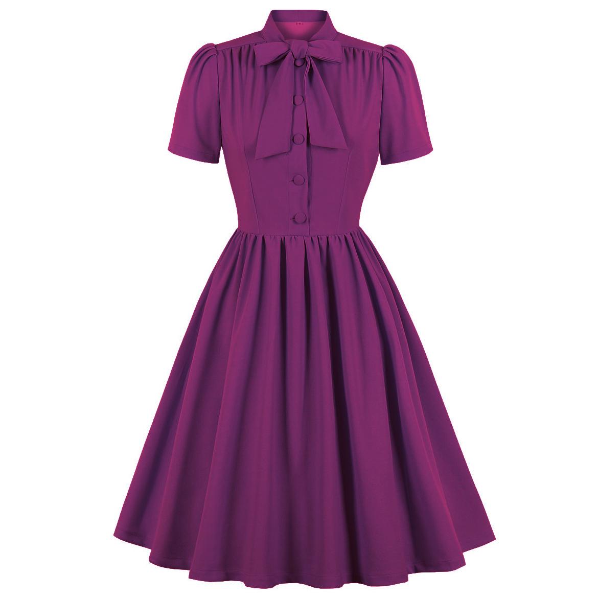 

Женское винтажное свободное платье 50-х годов с бантиком и пуговицами спереди с коротким рукавом, фигуристка миди, стильная одежда для вечеринок, на работу, на каждый день, формальный наряд для особых случаев, весна-лето M фиолетовый