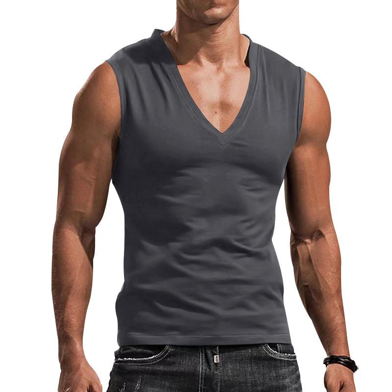 Men's Vest V-neck Solid Color Casual Breathable Slim Sleeveless T-shirt Men's Wear