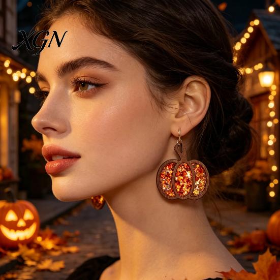 Gift for Her 1 Pair Fall Thanksgiving Pumpkin Earrings Women, Wooden Hypoallergenic Sensitive Ears Shaped Dangle Drop Earrings, Autumn Halloween