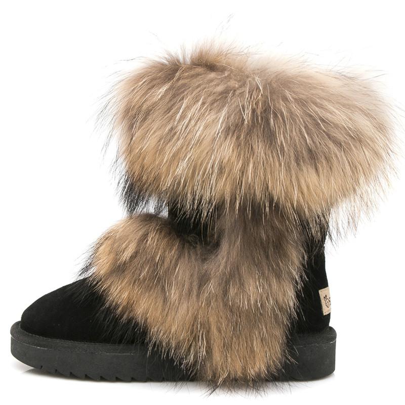 Fashion 2025 All-Match Natural Fox Fur Snow Boots Real Suede Leather Shoes Mid-Calf Knee-High Boots Raccoon Fur Warm Women'S Flat Boots