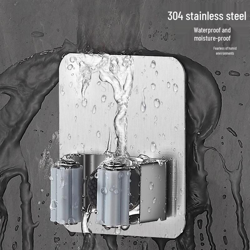 Stainless Steel No-Drill Mop Wall Mount Clip - Strong Adhesive, Traceless, Heavy-Duty Hook for Bathroom and Door