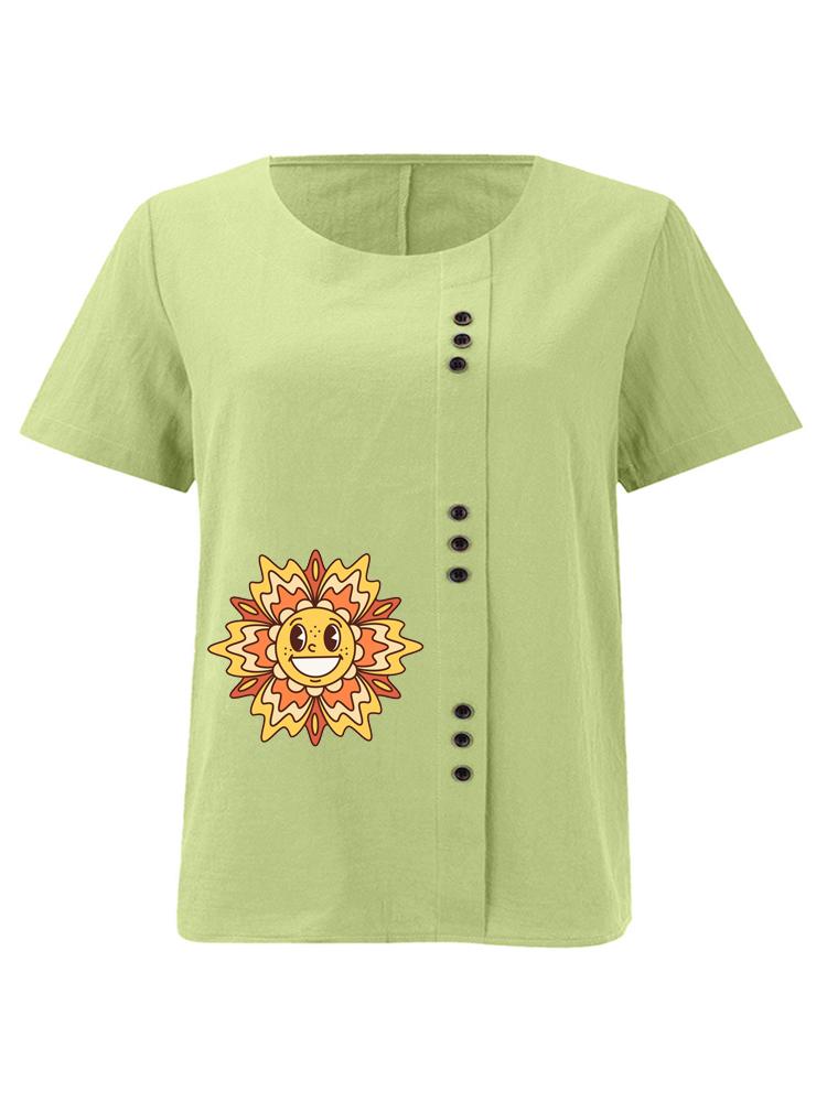Women's Fashion Sunflower Print Casual Cotton Linen Short Sleeve Round Neck T-shirt Shirt Leisure Loose Summer Blouse Tops