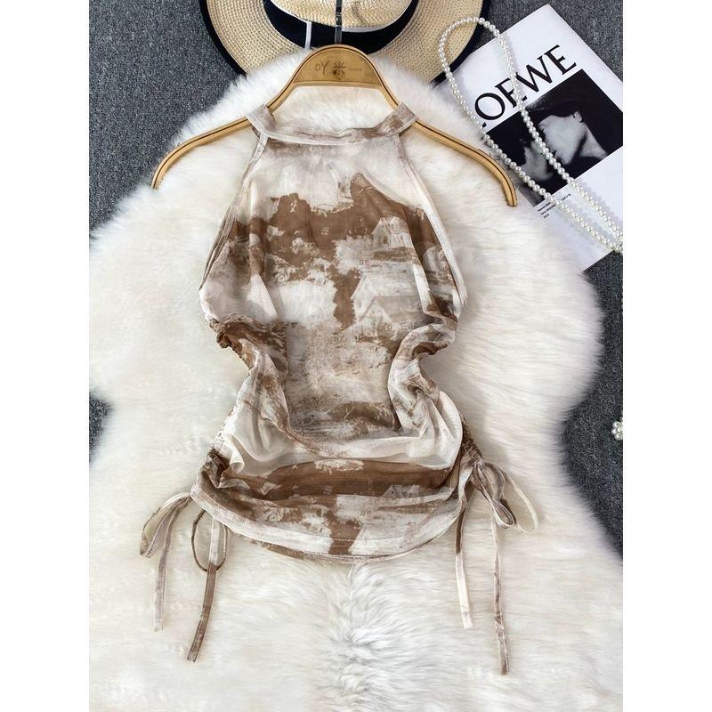 Chinese Style Ink Painting Print Halter Spaghetti Straps Vest Women's Outerwear Western Style Slim Fit Slimming and Short Drawstring Top Summer