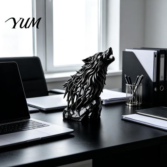 Cool Masculine Home Ornament Howl Wolf Sculpture, Gothic Wildlife Decor, Howling Statue Figurine Contemporary Textured Art with Rock Base, Rustic