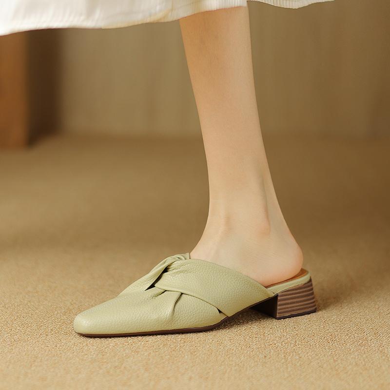 Women Mule Slippers Concise Style Simple High Heels Shoes Cow Leather Square Toe Mules 2024 New Spring Women Outdoor Slippers