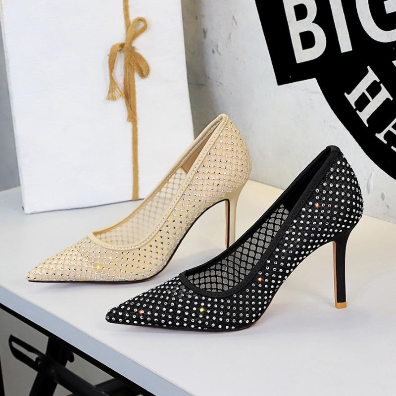Women'S Pumps And Heels Rhinestone Mesh High Heels For Women Pointed Toe Light Luxury Dress Wedding Shoes Stiletto Single Shoes