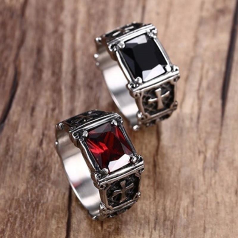 Yunjin new retro men's fashion personality inlaid ruby cross ring trendy hip-hop ring