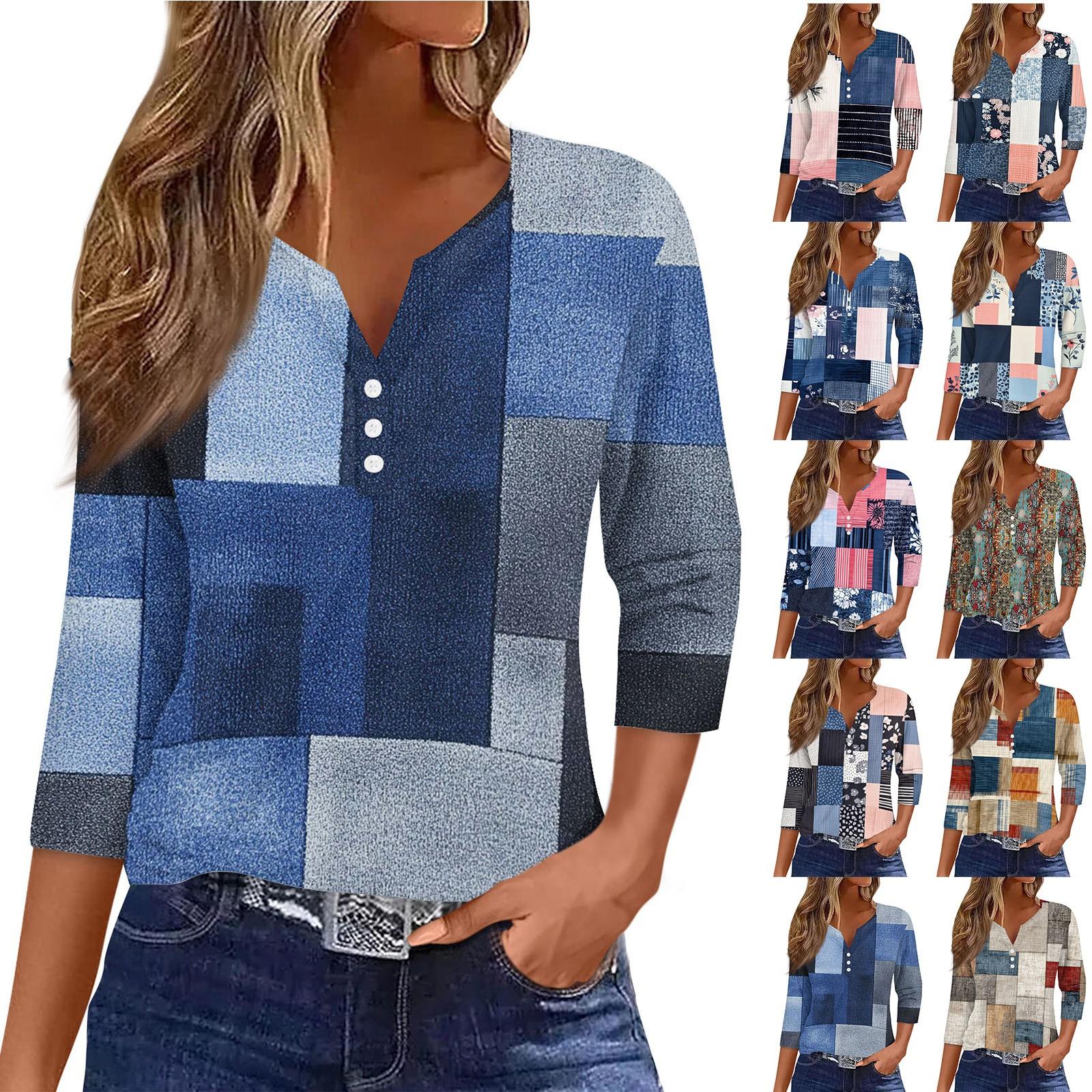 

Жіноча футболка з принтом на ґудзиках, рукав 3/4, щоденна мода на вихідні, базовий V-подібний виріз, звичайний топ XXXL ціан