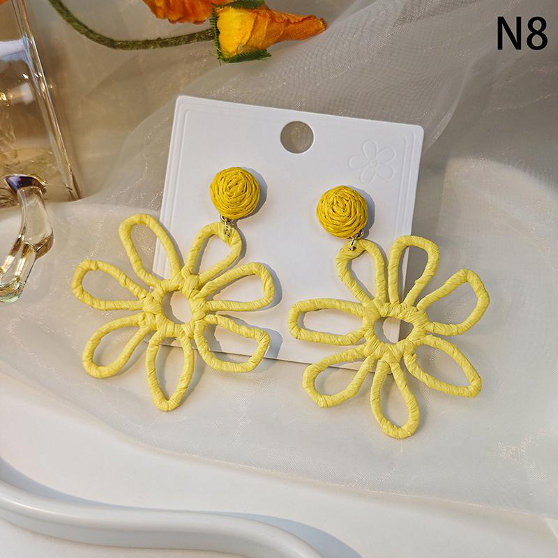 Summer Beach Holiday Wind Earrings For Women Colorful Handmade Raffia Hollow Flower Earrings  Jewelry