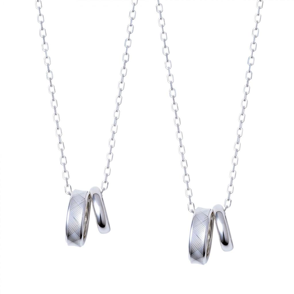 THE KISS Cut Ring Pair Necklace 50cm 2025-01N - Sparkling Faceted Silver 925 Couple Set with Adjustable Length and Gift Box