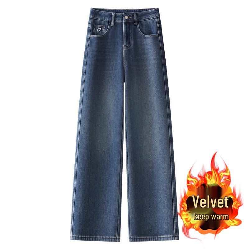 

2024 Women s Retro Blue Fleece-Lined Wide-Leg Jeans for Autumn/Winter M