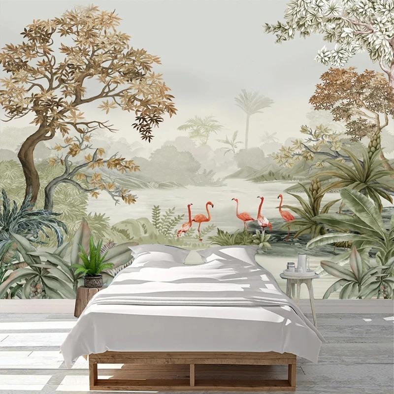 Nordische Tapete Tropischer Wald Flamingos Wandbild Wohnzimmer Schlafzimmer Sofa Hintergrund Fresko Heimdekor