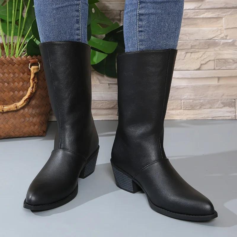 New Autumn/Winter Women Boots Round Toe Chunky Heel Shoes Western Boots Zapatos De Mujer Ankle Boots Genuine Leather Shoes