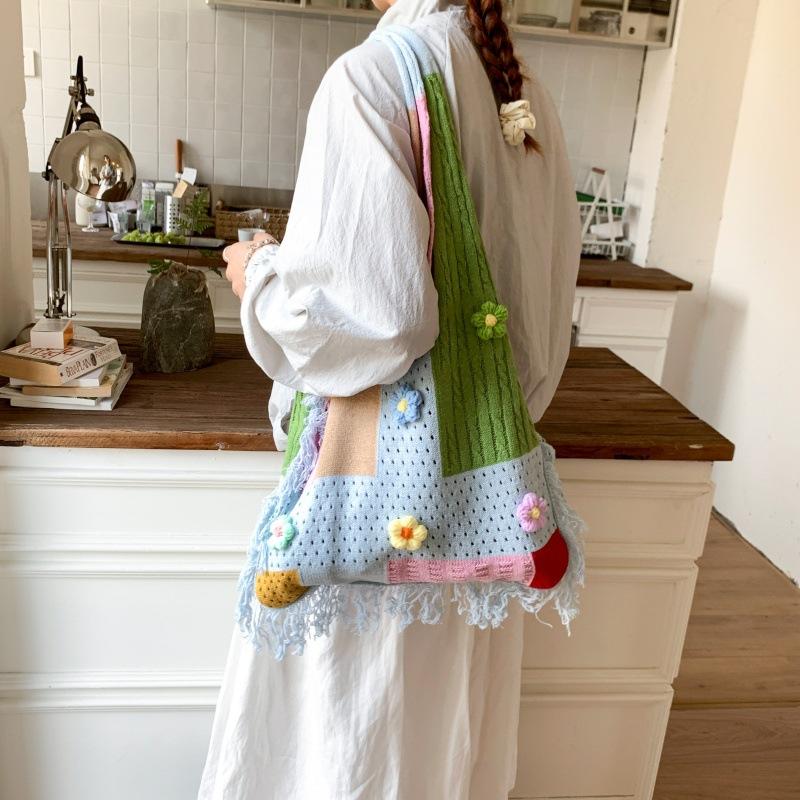 Yogodlns Forest Style Versatile Casual Shoulder Woven Bag Contrasting Colors New Simple Tote Bag Large Capacity Shopping Bag