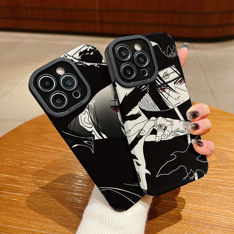 Vertical Grain Leather Shell Uchiha Itachi Printed Cover Patterned Soft Silicone Case with Camera Lens Full Protection for iPhone