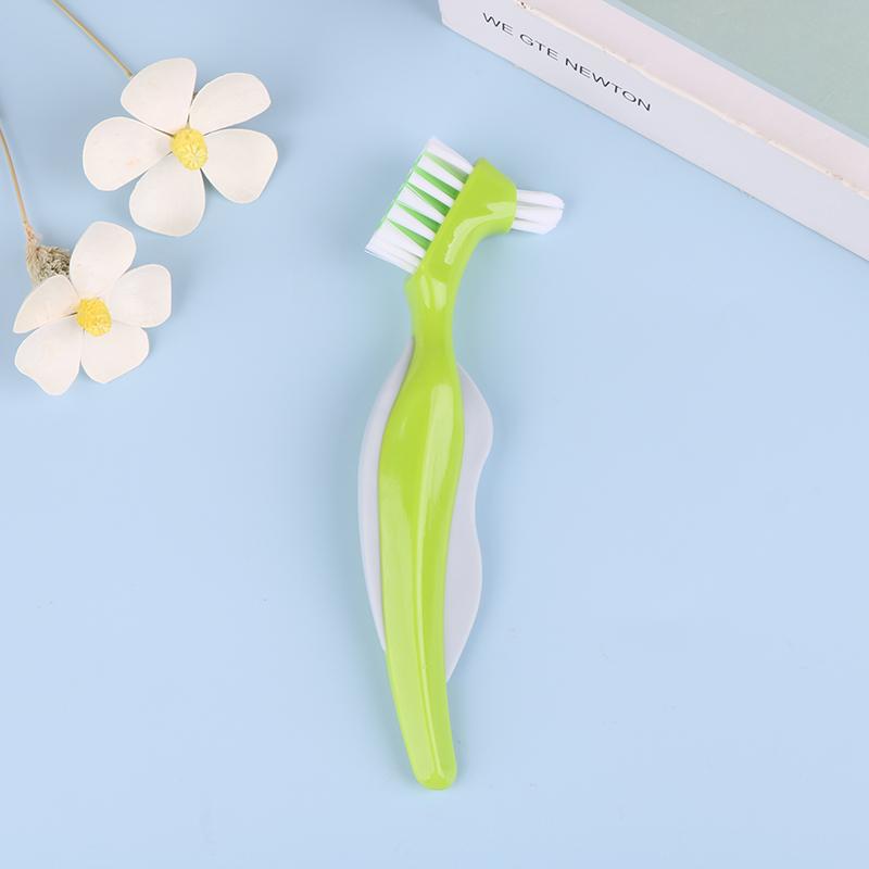 Multi-Layered Bristles Denture Cleaning False Teeth Brush Oral Care Non-Slip Ergonomic Rubber Handle Dual Heads Antibacterial