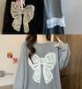 Plus Size Crocheted Lace Round Neck Slimming Long Sleeve Women's Autumn/Winter Bow Loose Mid-Length Top
