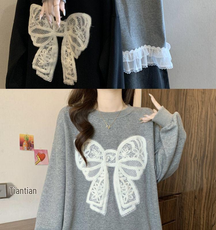 Plus Size Crocheted Lace Round Neck Slimming Long Sleeve Women's Autumn/Winter Bow Loose Mid-Length Top