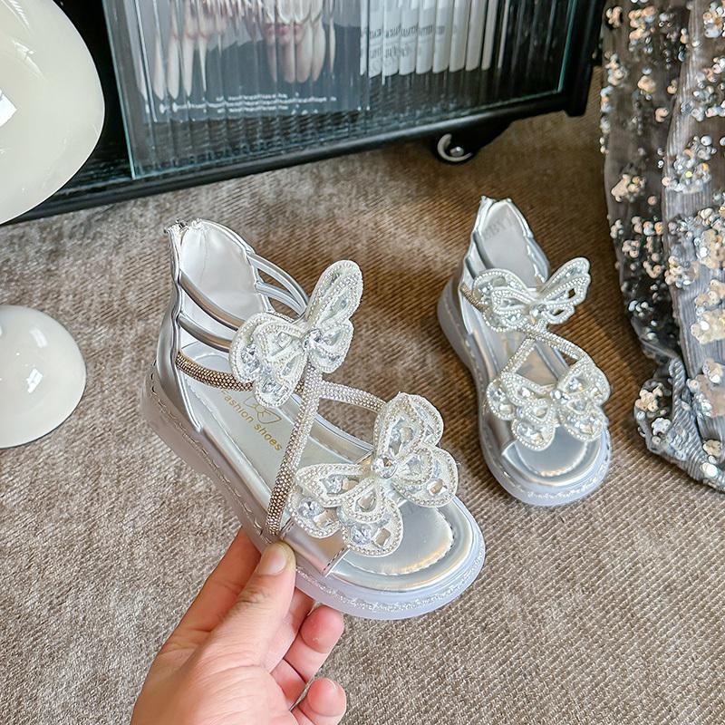 Baby Girls Hot Sale Summer Kids Princess Sandals Fashion Crystal Zipper Elegant Soft Party Bow Flat Children Walking Shoes