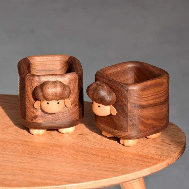 Solid Wood Pen Holder Office Desk Organizer Creative Sheep Pencil Cup Storage Box Birthday Gift Walnut Desktop Decoration