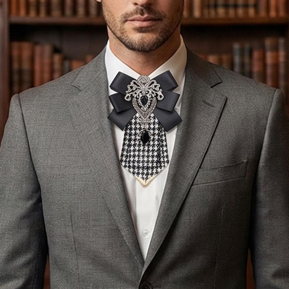 Retro Handmade Plaid Black Diamond Crystal Necktie Men's Suit Shirt Tie Luxury Wedding Jewelry Accessories School Uniform Tie