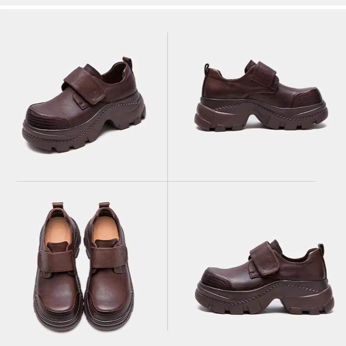 Johnature Chaussures Rétro à Bout Rond et Semelles Épaisses en Cuir Véritable Décontractées à Crochets et Boucles Chaussures à Plateforme pour Femmes