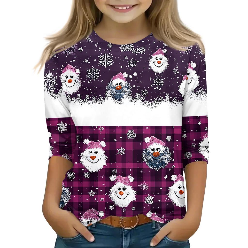 Christmas Children's 3/4 Sleeve Tops Casual  Printed Daily T Shirt Round Neck Pullover Blouse