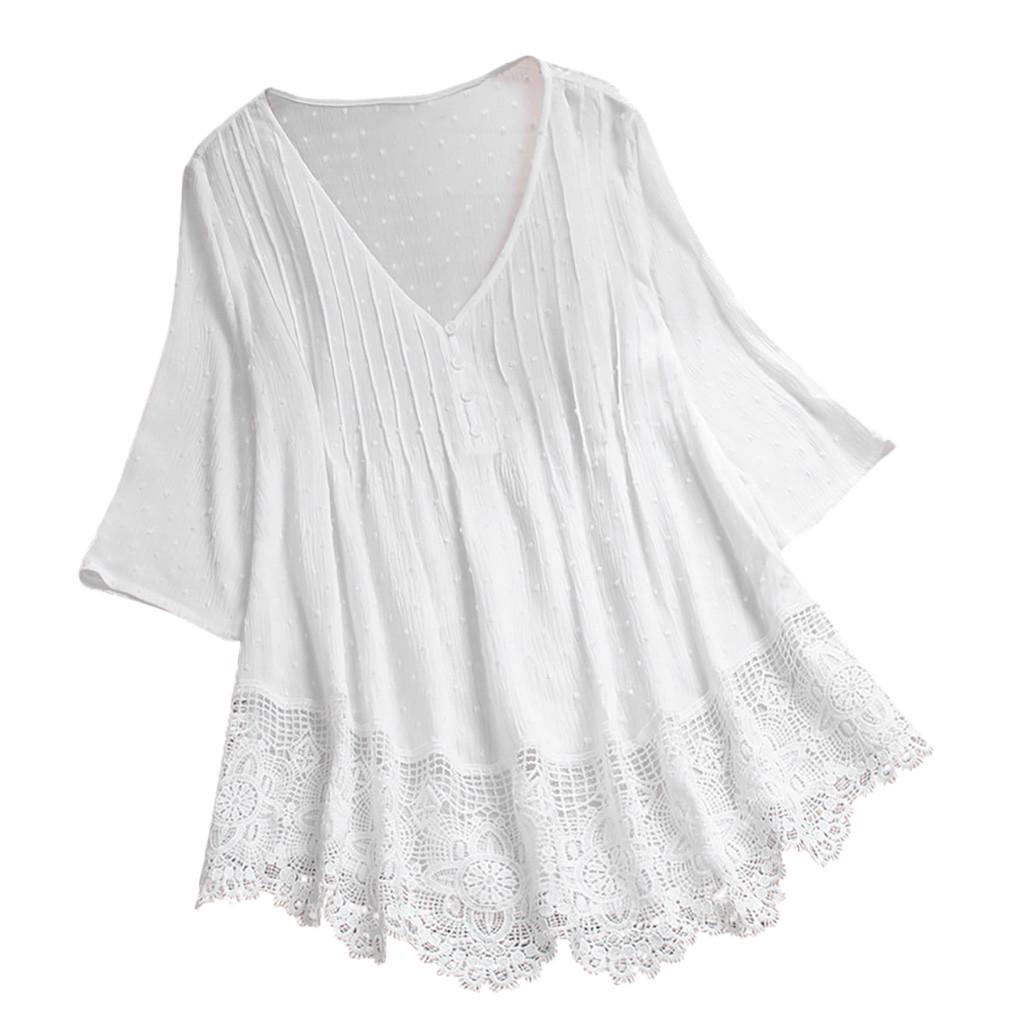 Women Vintage Three Quarter Lace V-Neck Plus Size Top T-Shirt Blouse
