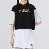 Puma Koszulka Cropped Color Block z Logo Okrągły Dekolt Krótki Rękaw Damskie Topy Czarny 535007-01