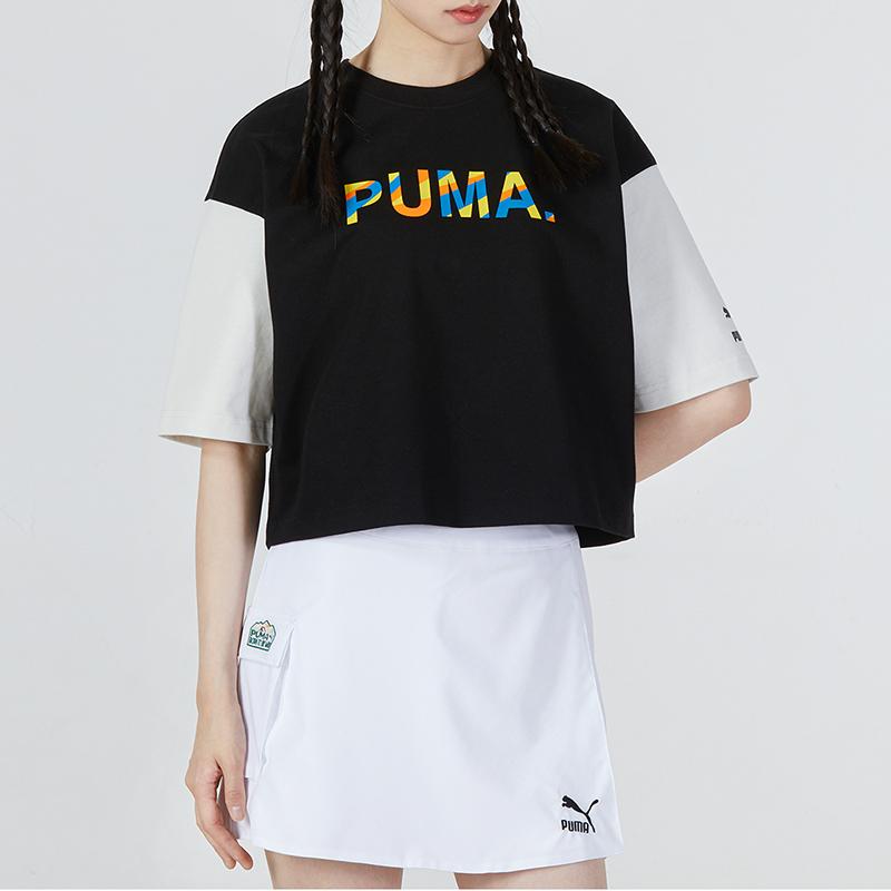 Puma Color Block Cropped Tee Logo Round Neck Short Sleeve T-Shirt Women Tops Black 535007-01