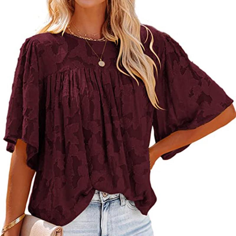 Odzież damska Dekolt w serek Letnia bluzka szyfonowa Jednolita Rękaw trąbkowy Koronkowa wycinanka Top