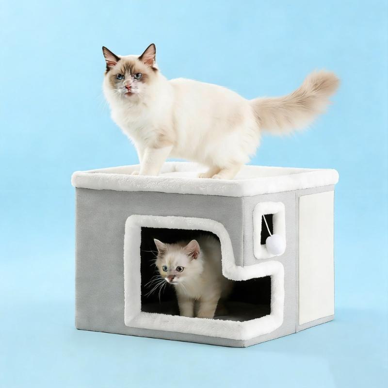 Double Layer Cats Cave Bed with Scratching Pad Foldable Design Space Saving Cats Shelter House for Indoor Habitats