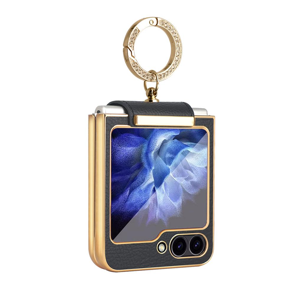 Glitter Diamond Rings Leather Plating Phone Case for Samsung Z Flip 6 5 4 3 Flip6 Flip5 Luxury Shockproof Protective Back Cover