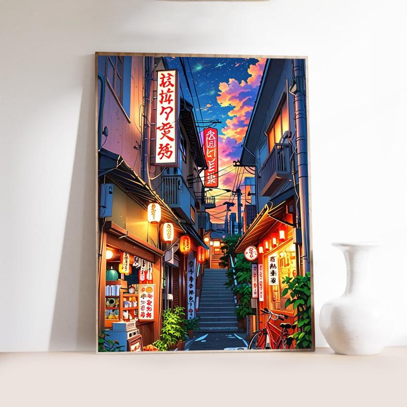 Manga Style Japanese Street Landscape Canvas Prints Night Hut Wall Art Posters for Living Room Coffee House Bar Home Decor Gifts
