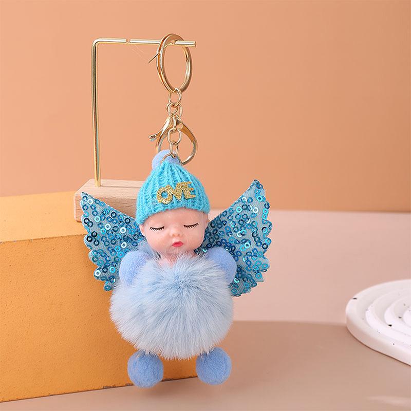 

Плюшевый пушистый помпон, брелок для ключей в виде спящей куклы, с крыльями из пайеток, подвеска для ключей, держатель для сумки для женщин, девочек, ювелирный подарок синий