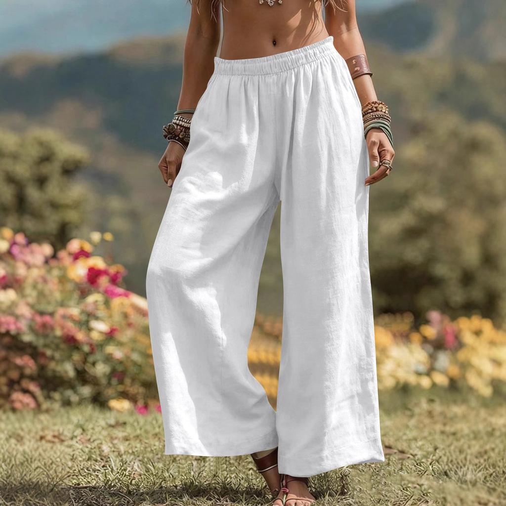 Women's -color Cotton And Linen Wide-leg Pants With Pockets