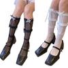 Women's Japanese Style Lace Striped Calf Socks Sweet Cute Ribbon Bows Middle Tube Stockings Sweet Knee High Socks