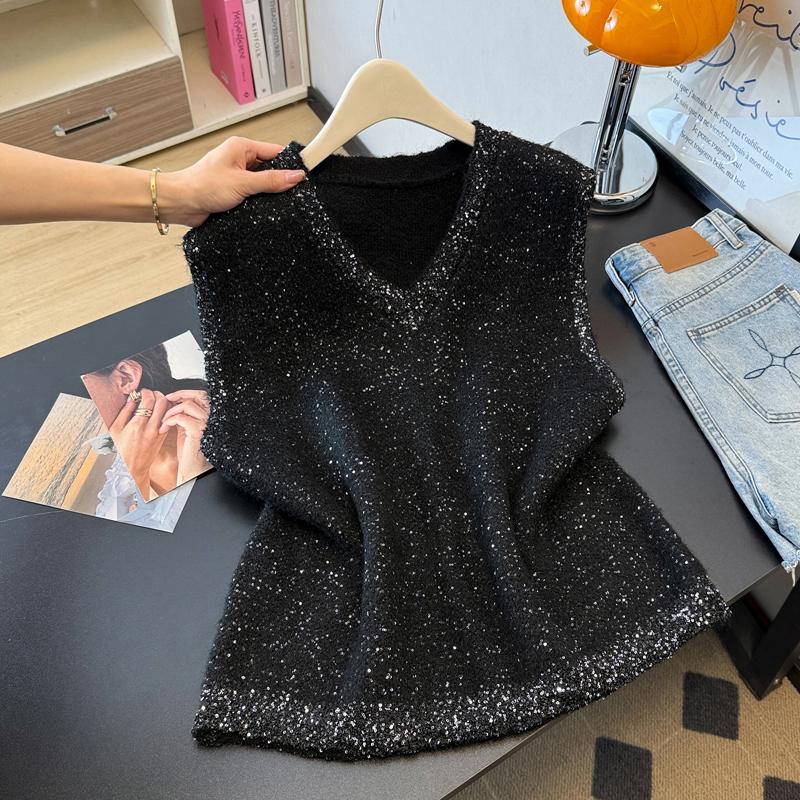 2026 Autunno Inverno Nuovo Maglione da Donna Lavorato a Maglia Perline Vintage Top da Donna Pullover Canotta Senza Maniche Larga Casual