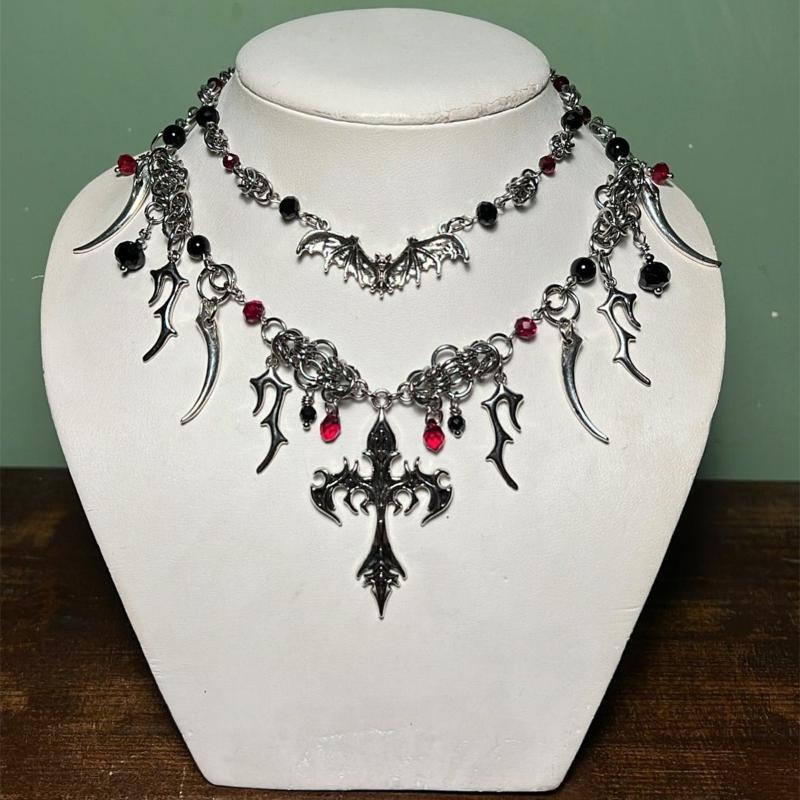 Goth Halloween Necklace For Women Bat Cross Heart Red Crystal Pendant Clavicle Chain Halloween Party Jewelry Gift