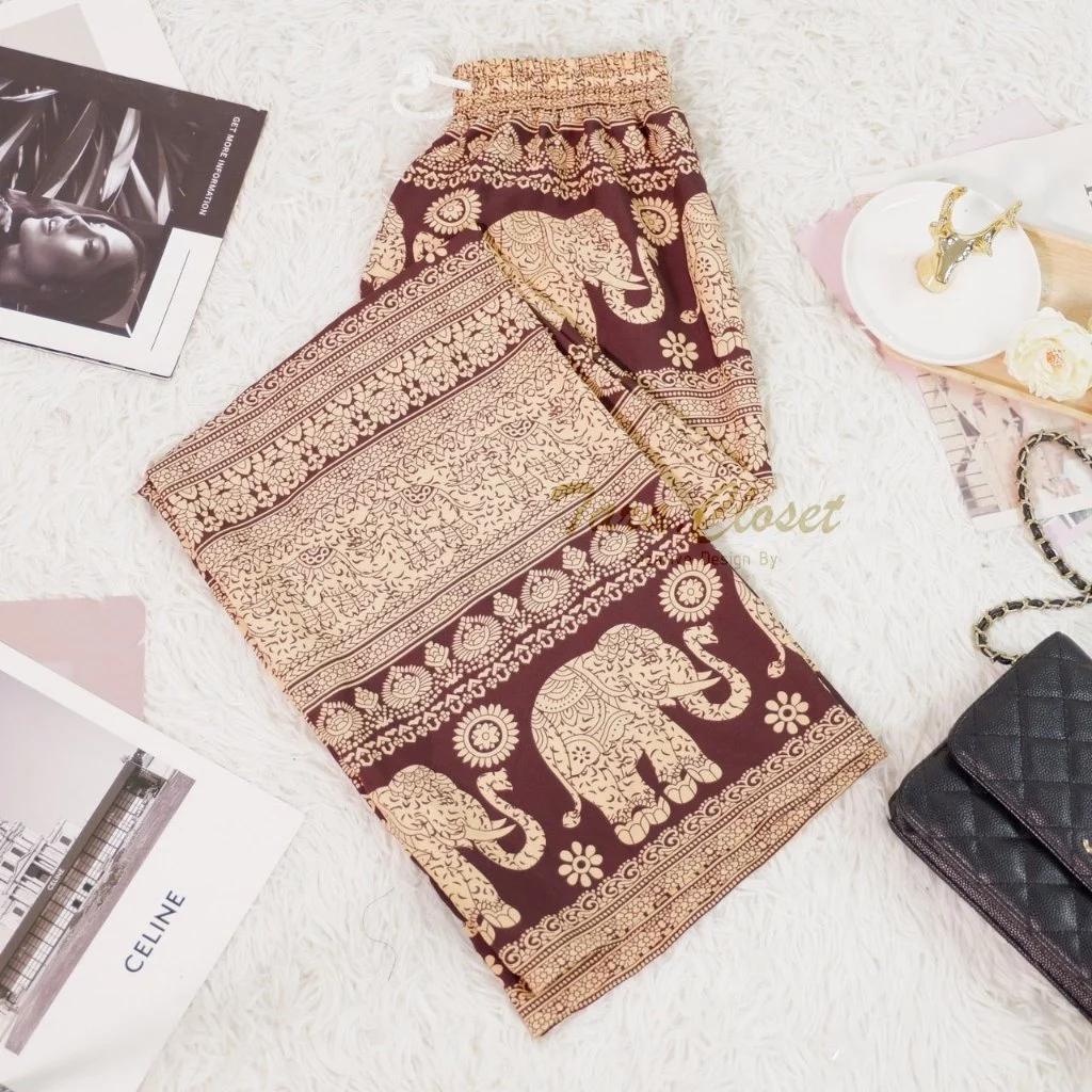 Long Elephant Pants Adjustable Elastic High Waistband Strap Loose Leg Unisex Man Women Print Thailand Casual Streetwear Bohemian Retro Vintage Boho