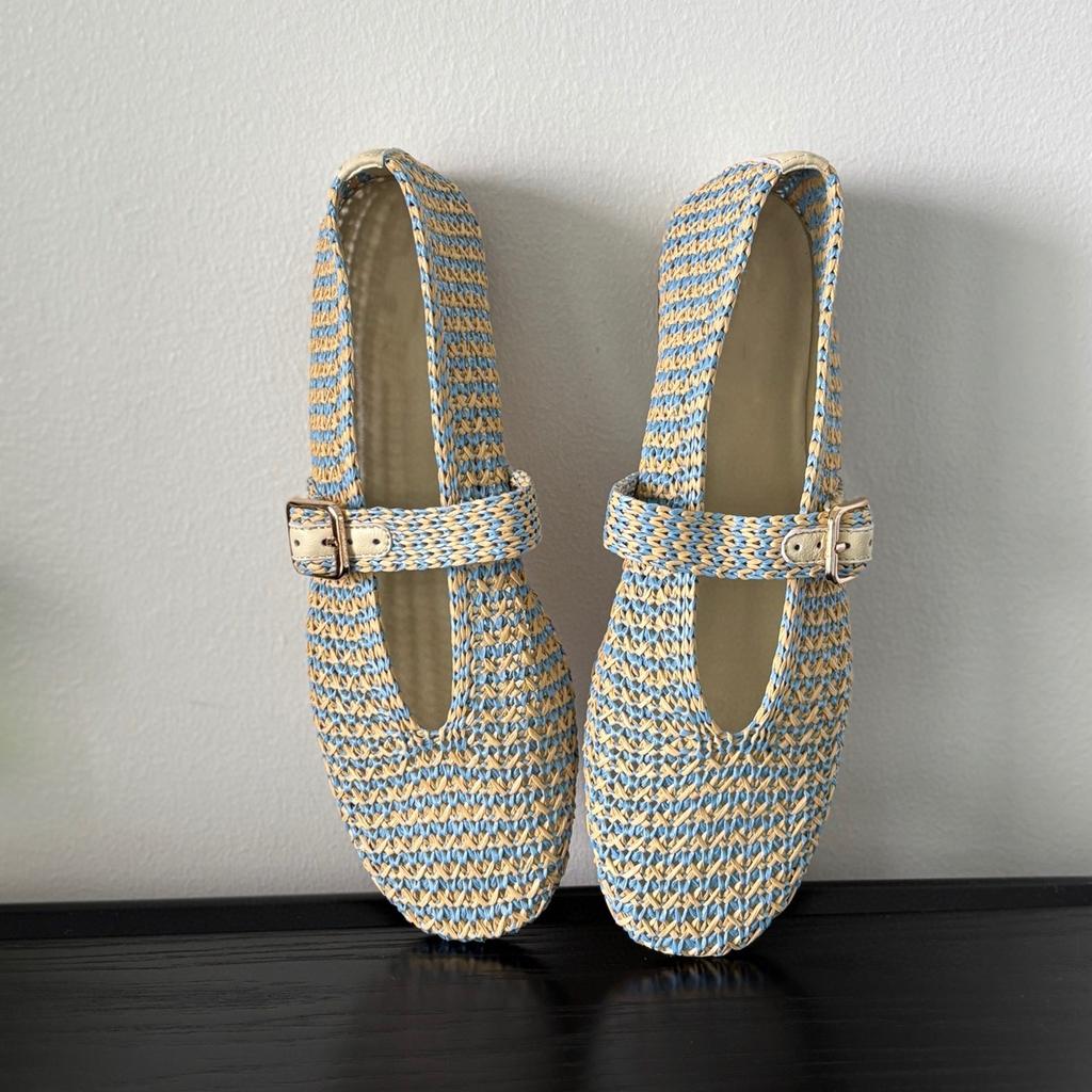 Sheepskin version~ niche new color raffia hand-woven shallow mouth Mary Jane single shoes one-word buckle sandals