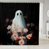 Cute Ghost Kids Shower Curtains,Black Cartoon Cat Happy Halloween Bathroom Curtain For Girls Boys,Rose Flowers Baroque Vintage