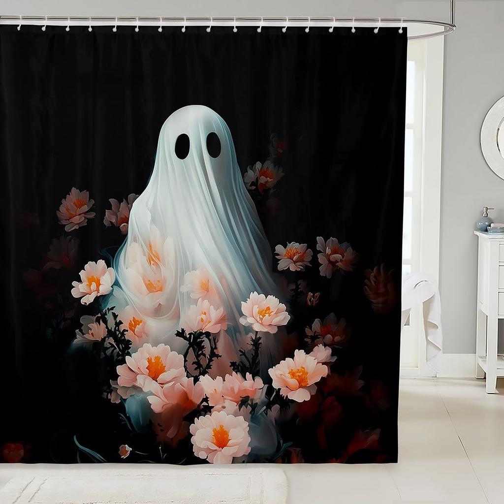 Cute Ghost Kids Shower Curtains,Black Cartoon Cat Happy Halloween Bathroom Curtain For Girls Boys,Rose Flowers Baroque Vintage