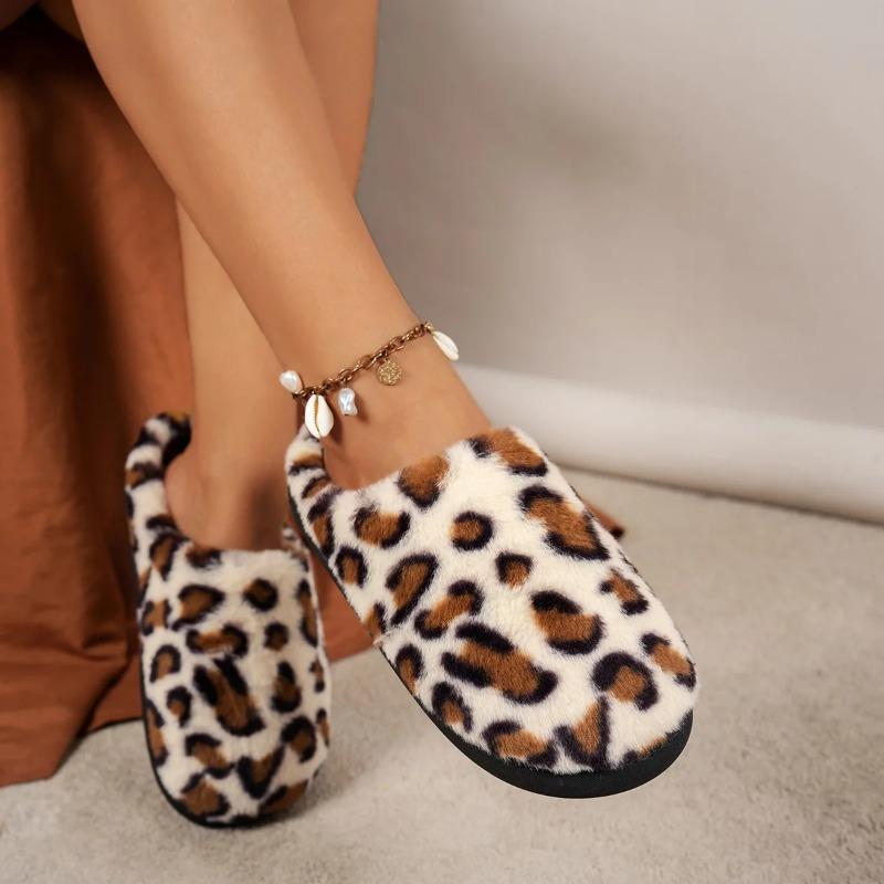 Leopard Color Fluffy Slippers For Women Men Witner Home Floor Shoes Warm Faux Fur Anti-slip Couples Indoor Cotton Slipper