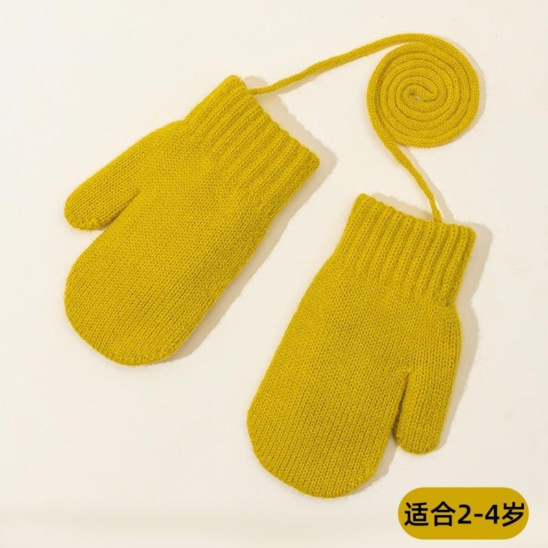 Kids Full Finger Knit Gloves with Plush Hanging, Yellow, Toddler, A349