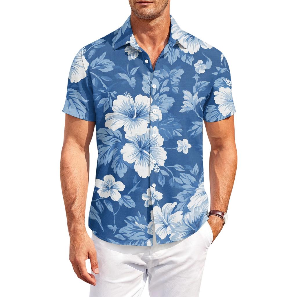 Men’s Hawaiian Print Short Sleeve Button Down Shirt Casual Outdoor Collared Summer Lightweight Relaxed Fit Top