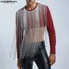 INCERUN Men Round Neck Front Tassel Patchwork Long Sleeve Casual Crop Tops T-shirts