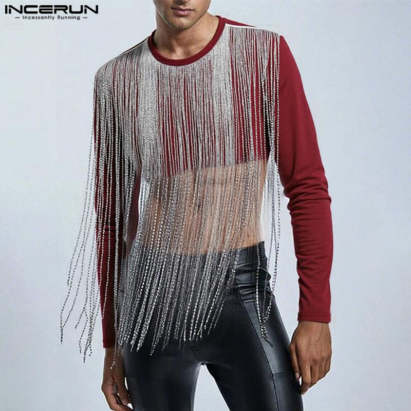 INCERUN Men Round Neck Front Tassel Patchwork Long Sleeve Casual Crop Tops T-shirts