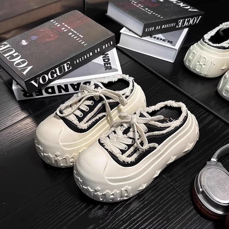 Denim Lace-up Bread Shoes Spring and Summer Muffin Thick-soled Bag Head Half Slippers Women's Height-increasing Casual Sports Shoes Outer Wear