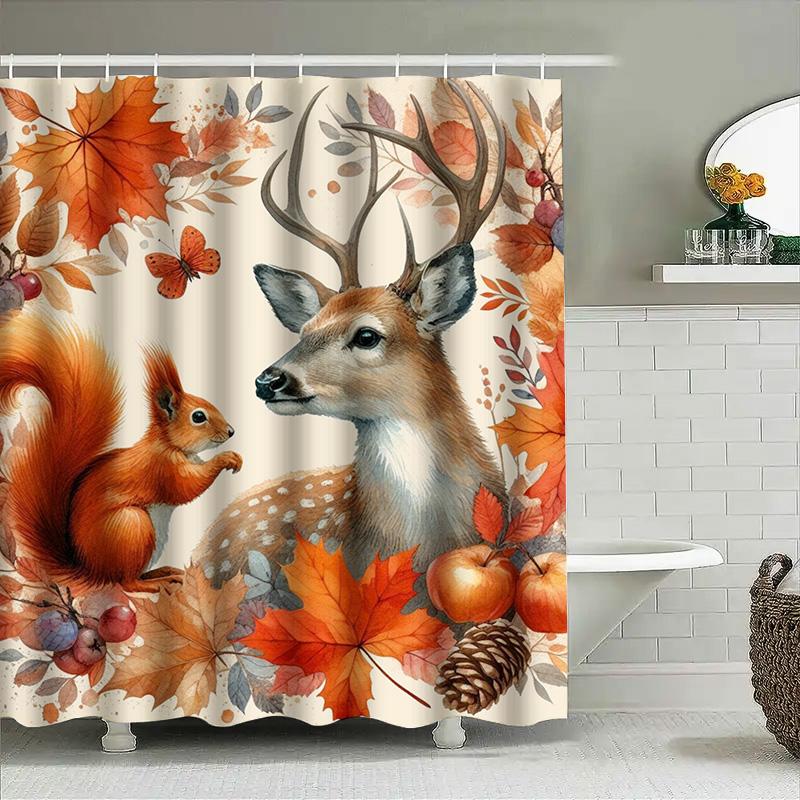 Autumn Leaves Decorative Shower Curtain Deer Squirrel Leaf Print Waterproof Bathroom Decor Modern Design